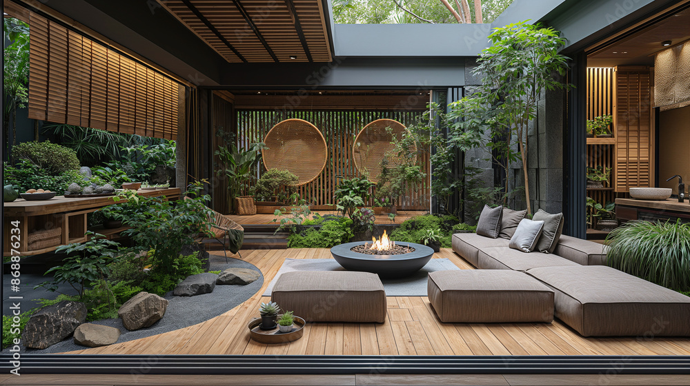 Fototapeta premium A phohto of modern Japanese-style courtyard with bamboo walls, large sofa and coffee table, fire pit in the center of the yard surrounded by green plants, black white gray blue color scheme,