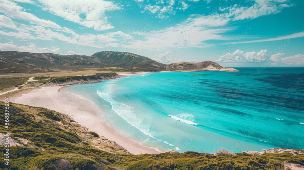 A serene coastal view showcasing clear turquoise waters, lush greenery, and rolling hills under a bright and partly cloudy sky, offering a sense of peace and escape. A serene coastal view showcasing clear turquoise waters, lush greenery, and rolling hills under a bright and partly cloudy sky, offering a sense of peace and escape.