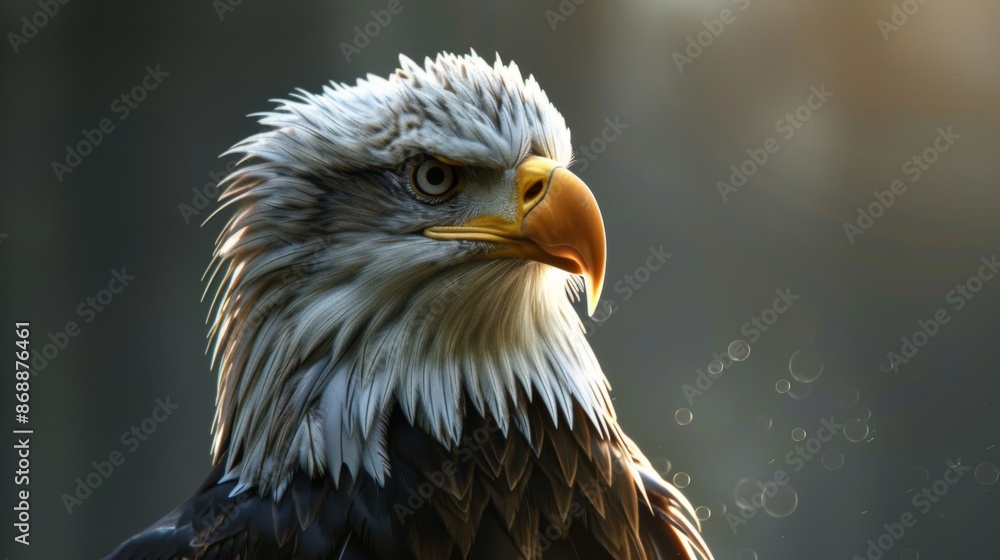 Obraz premium This portrait of a bald eagle features a warm backlighting effect, emphasizing the regal characteristics and dignified presence of this powerful symbol of American freedom.
