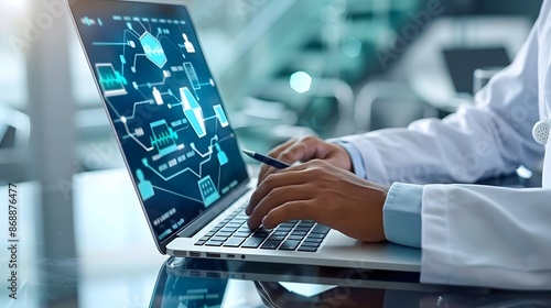 Doctor using a laptop for a virtual consultation, with a digital medical chart visible