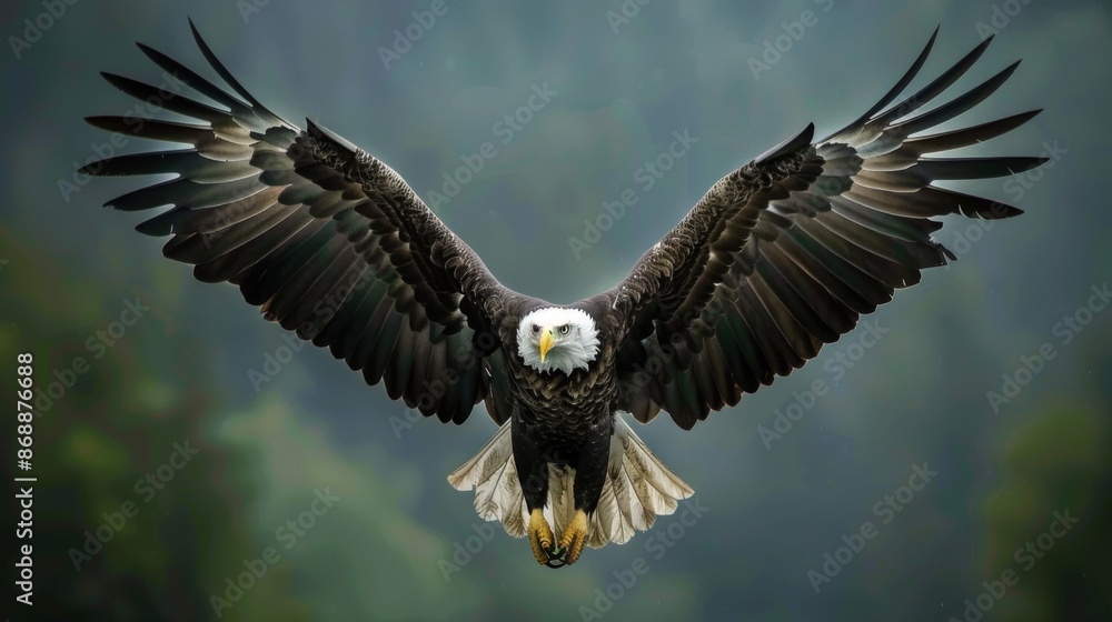 Obraz premium A majestic bald eagle soaring through the sky with wings fully extended, showcasing the strength and grace of this iconic bird of prey, symbolizing freedom.