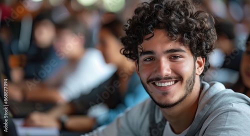 Smiling Young Man Working on a Computer in a Modern Office