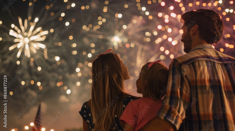 A family, seen from behind, enjoys a breathtaking fireworks display, with sparkling lights filling the night sky. The mood is celebratory and joyous. A family, seen from behind, enjoys a breathtaking fireworks display, with sparkling lights filling the night sky. The mood is celebratory and joyous.
