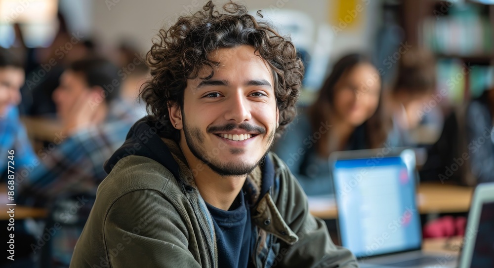 Naklejka premium Smiling Young Man Working on a Computer in a Modern Office