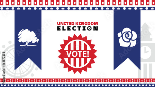 UK election banner with symbols of major political parties. Vote in general election in united kingdom. Political debate between conservative party, labour party and liberal democrats.