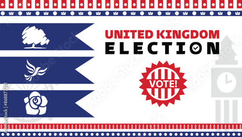 UK election banner with symbols of major political parties. Vote in general election in united kingdom. Political debate between conservative party, labour party and liberal democrats.