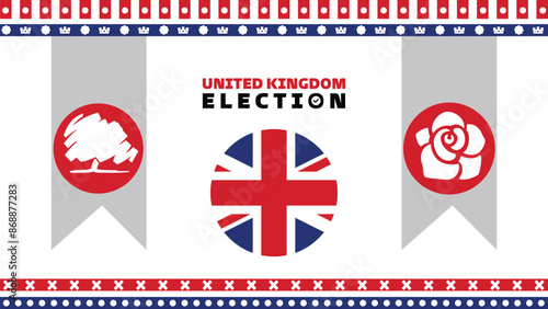 UK election banner with symbols of major political parties. Vote in general election in united kingdom. Political debate between conservative party, labour party and liberal democrats.