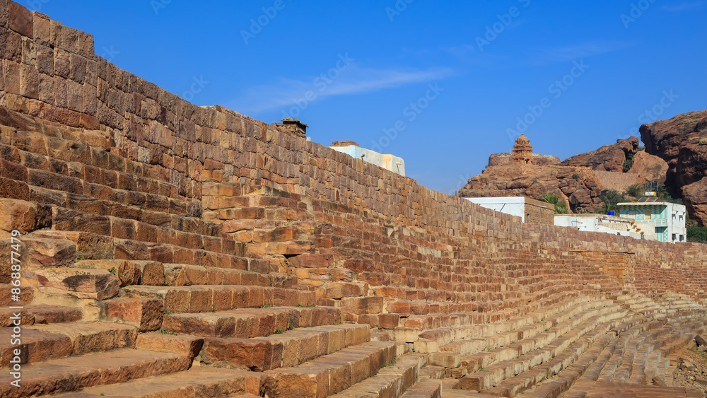 Obraz premium Historic runes against blue sky in Badami, Karnataka, India