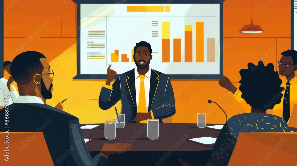 An illustration depicting a business meeting where a man in a suit presents charts, illustrating concepts like teamwork, data analysis, and corporate strategy in a professional setting. An illustration depicting a business meeting where a man in a suit presents charts, illustrating concepts like teamwork, data analysis, and corporate strategy in a professional setting.