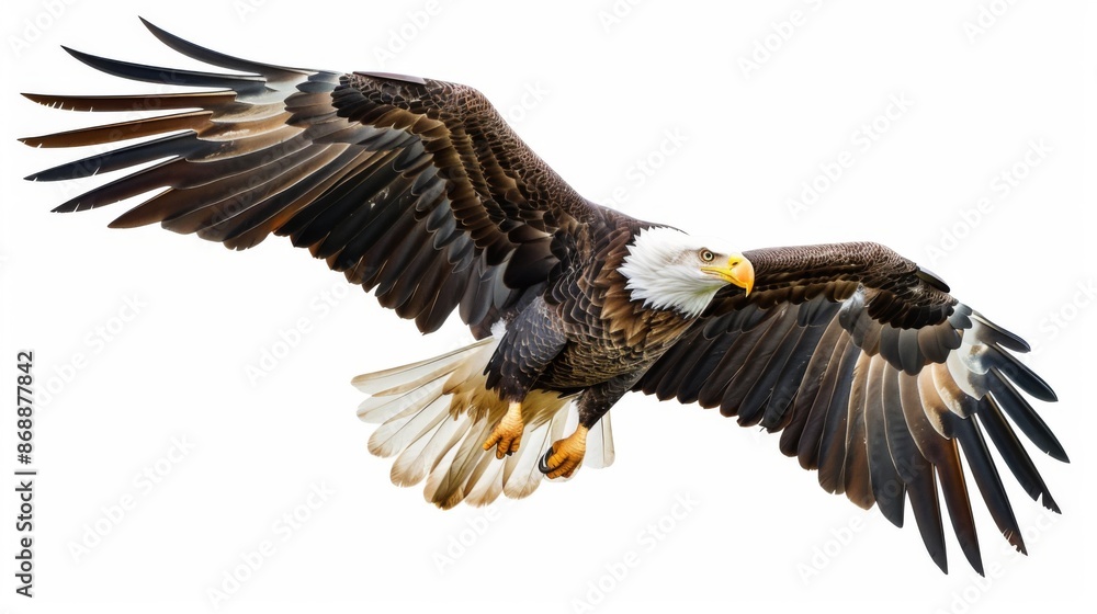 Obraz premium A majestic bald eagle with its wings fully spread in mid-flight, symbolizing freedom, strength, and grace in its natural habitat, evoking a sense of awe and inspiration.