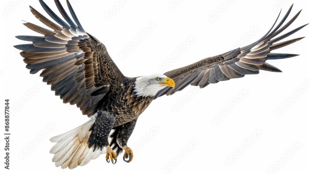 Fototapeta premium A stunning bald eagle in mid-flight, wings fully spread, with a white background accentuating its powerful build and majestic presence as it soars, eyes focused ahead.