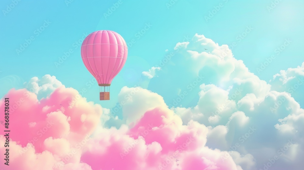 Fototapeta premium Pink Hot Air Balloon Soaring Through Pastel Clouds