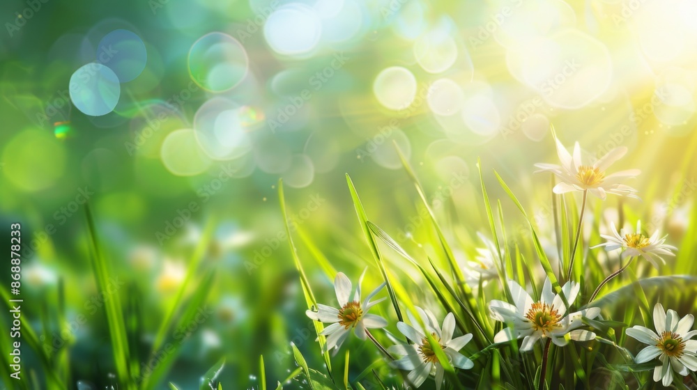 Sunlit meadow with white daisies and green grass in the foreground and a dreamy, soft-focus bokeh effect in the background, creating a serene and peaceful scene. Sunlit meadow with white daisies and green grass in the foreground and a dreamy, soft-focus bokeh effect in the background, creating a serene and peaceful scene.