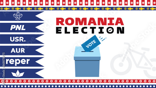 Romania election and vote concept, political selection,ballot box, democracy and human rights idea, election day, vector asset with Romania flag