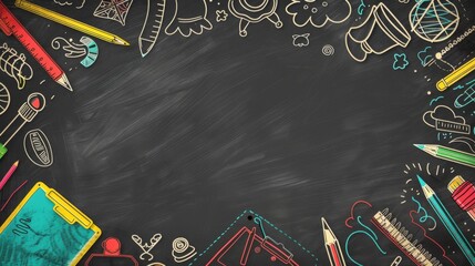 A creatively decorated chalkboard with various colorful drawing utensils and school supplies scattered around it, symbolizing the start of a school year's artistic activities.