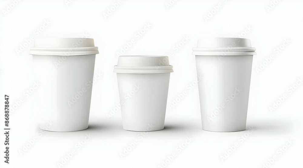 Three different sizes of blank, white takeaway coffee cups with lids, isolated on a white background, perfect for branding and mockup purposes. Three different sizes of blank, white takeaway coffee cups with lids, isolated on a white background, perfect for branding and mockup purposes.