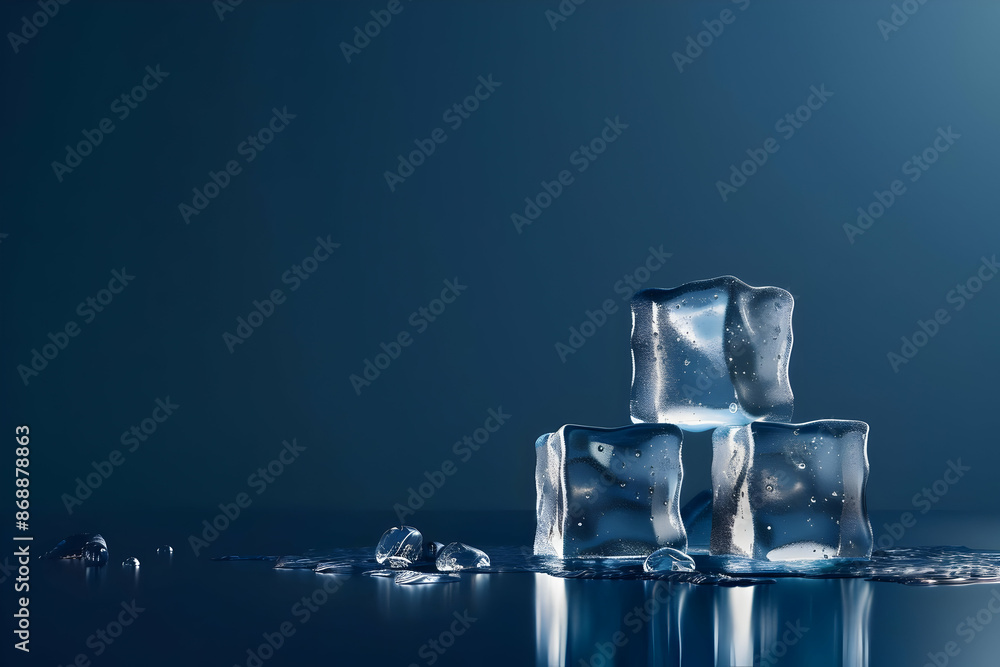 Three ice cubes stacked on a reflective surface, melting slightly against a dark blue background, highlighting their transparency and coolness. Three ice cubes stacked on a reflective surface, melting slightly against a dark blue background, highlighting their transparency and coolness.