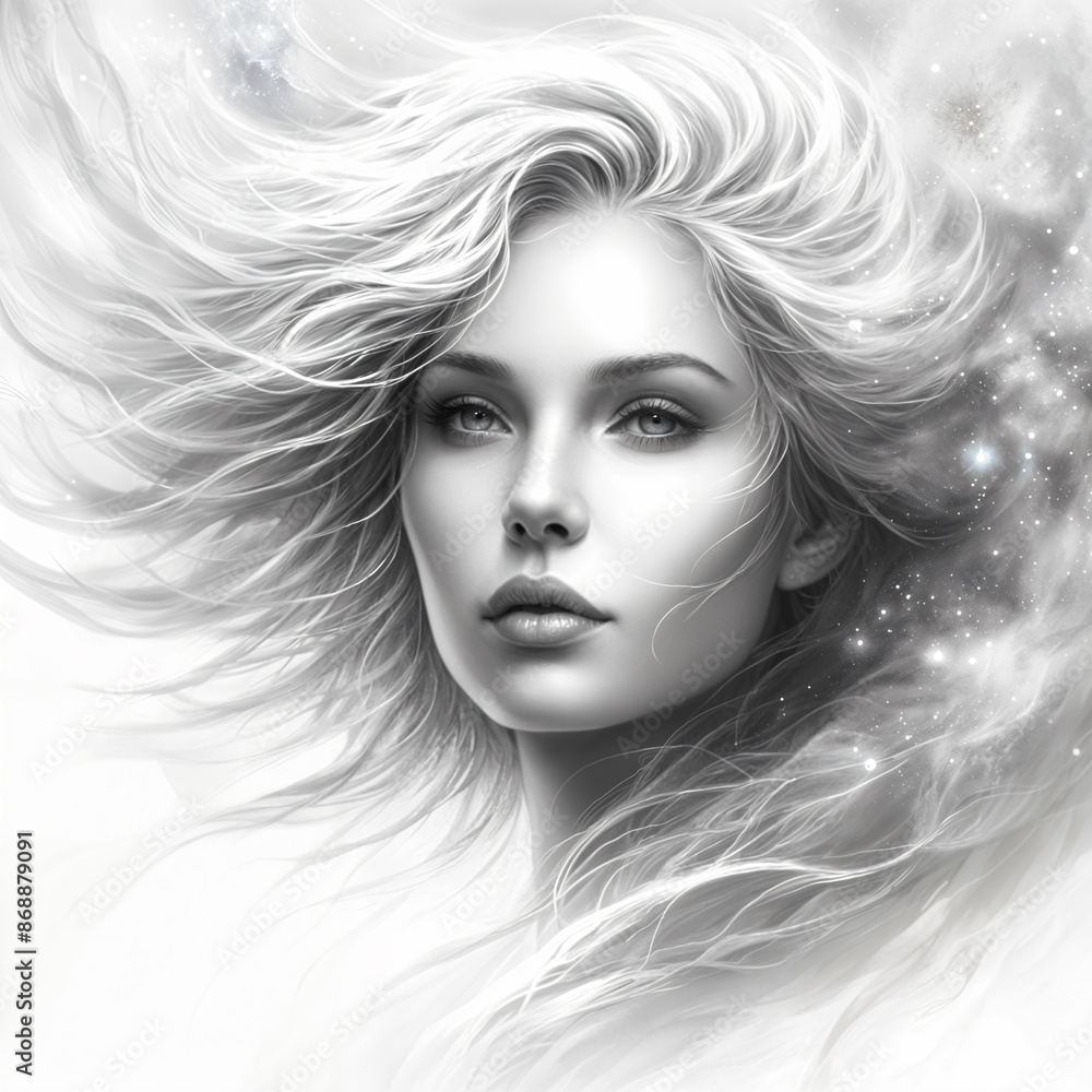 A woman with long, flowing blonde hair. Her face is set against a soft, blurred background that gives the impression of a dreamy or ethereal atmosphere. A woman with long, flowing blonde hair. Her face is set against a soft, blurred background that gives the impression of a dreamy or ethereal atmosphere.