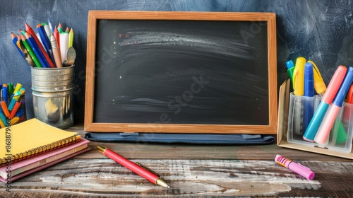 An empty blackboard sits on a table amidst various school supplies like markers, pencils, notebooks, and papers, representing a ready-to-start learning environment. photo