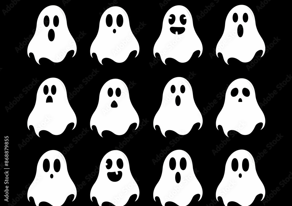 A collection of twelve cute and spooky ghost emojis with various expressions, set against a black background. A collection of twelve cute and spooky ghost emojis with various expressions, set against a black background.