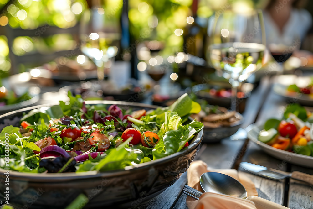 A fresh garden salad served in an outdoor setting with wine and other dishes, perfect for a summer meal or gathering. A fresh garden salad served in an outdoor setting with wine and other dishes, perfect for a summer meal or gathering.