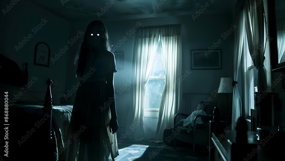 A haunting figure with glowing eyes stands in a dark, eerie room, casting shadows and creating a sense of fear and unease. A haunting figure with glowing eyes stands in a dark, eerie room, casting shadows and creating a sense of fear and unease.