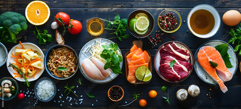 Fototapeta premium A vibrant array of fresh, healthy ingredients including meats, fish, vegetables, and spices on a dark wooden table, ready for cooking.