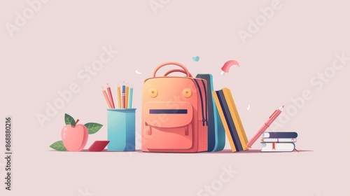 Minimalistic illustration showing a backpack, books, pencils, and an apple, symbolizing back-to-school preparation and the essentials needed for a new academic year.