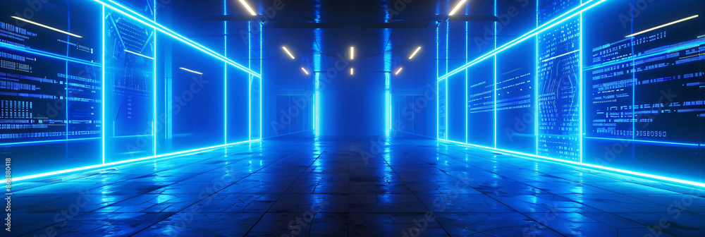 Futuristic blue neon light corridor with holographic projections for product displays Futuristic blue neon light corridor with holographic projections for product displays
