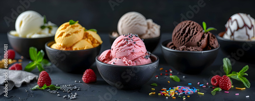 Assorted ice cream scoops in bowls with various toppings on a dark background, featuring mint leaves, berries, and colorful sprinkles.