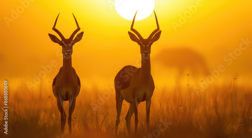 Two antelope standing side by side in the savannah at sunset, with their horns pointing upwards towards the sky