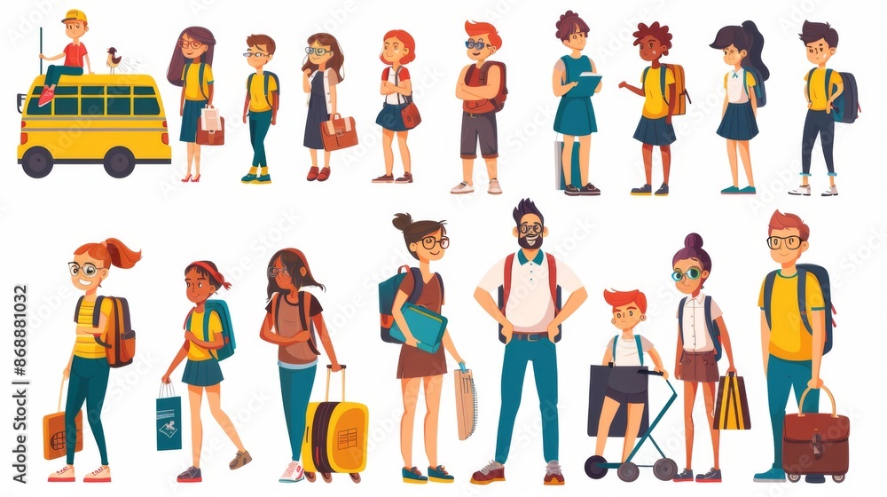 Fototapeta premium Group of diverse students boarding a yellow school bus, excited for classes, representing the diverse and dynamic nature of school life in a colorful, cheerful cartoon style.