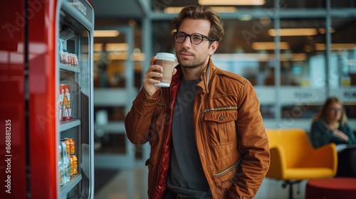 Man in a brown leather jacket enjoying a coffee by a vending machine in a modern office lounge.