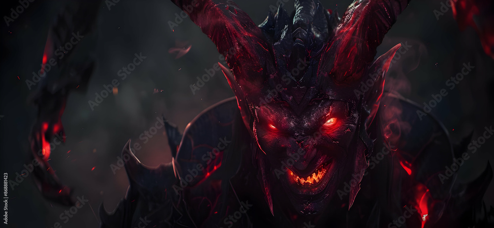 Dark demonic creature with glowing red eyes and horns emerging from a ...