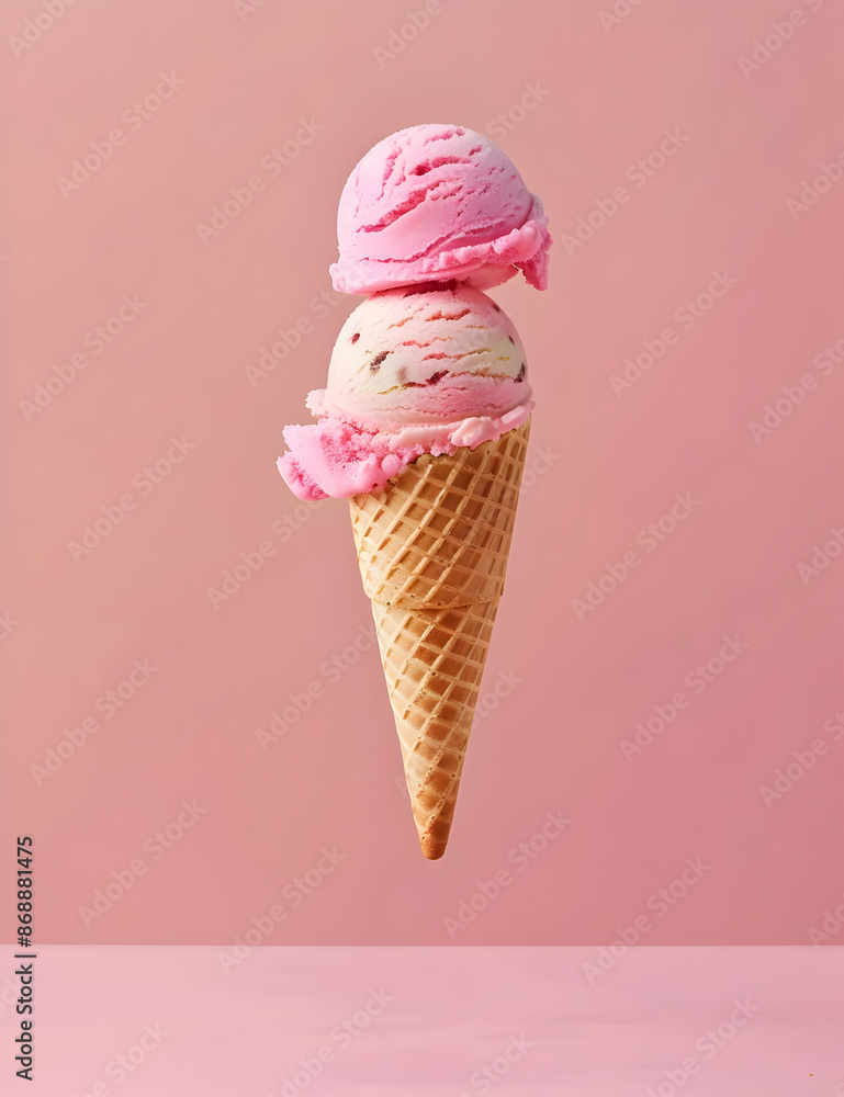 Delicious strawberry ice cream in a waffle cone against a pastel pink background, perfect for dessert lovers and summer treats. Delicious strawberry ice cream in a waffle cone against a pastel pink background, perfect for dessert lovers and summer treats.