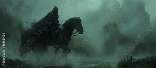 Dark figure on horseback emerging from dense fog, creating a mysterious and eerie scene in a desolate landscape. Gothic and atmospheric vibe. © sornram