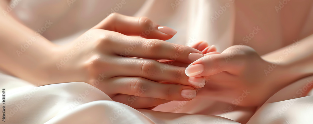 Elegant hands in soft lighting, manicured nails, minimalistic background, delicate and gentle Elegant hands in soft lighting, manicured nails, minimalistic background, delicate and gentle