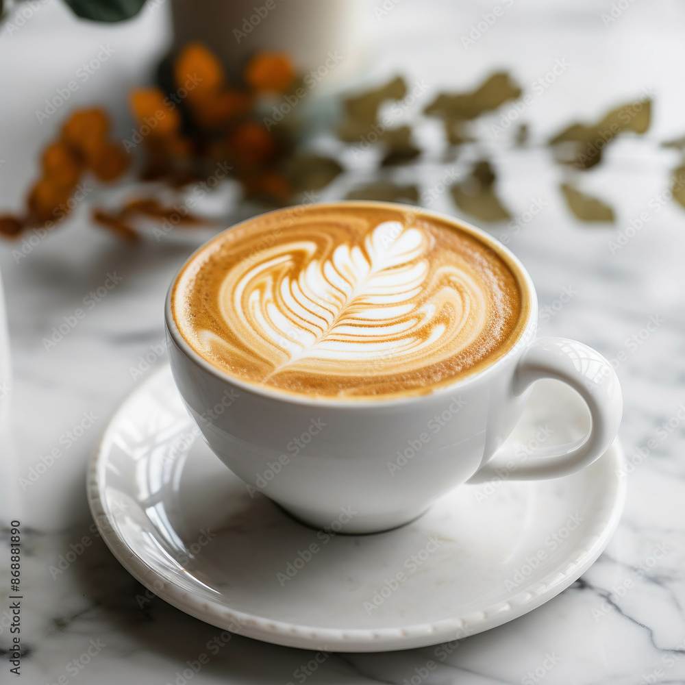 Cup of Latte with Beautiful Latte Art in a Cozy Cafe Setting with Autumn Leaves in the Background Cup of Latte with Beautiful Latte Art in a Cozy Cafe Setting with Autumn Leaves in the Background