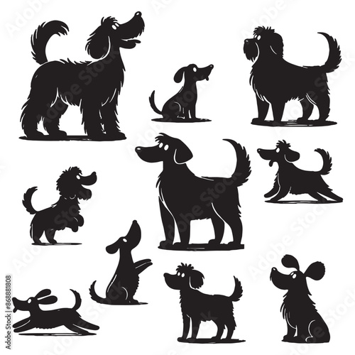 set of black dogs silhouettes on white	