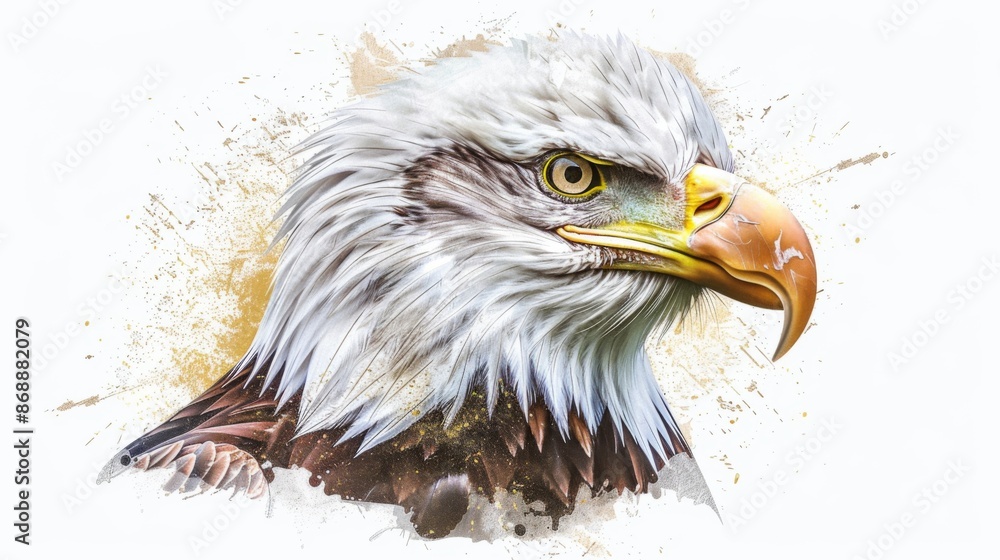 Fototapeta premium A striking illustration of a bald eagle's head showcasing its sharp features, vibrant yellow beak, and intense gaze, symbolizing power and freedom in full artistic detail.