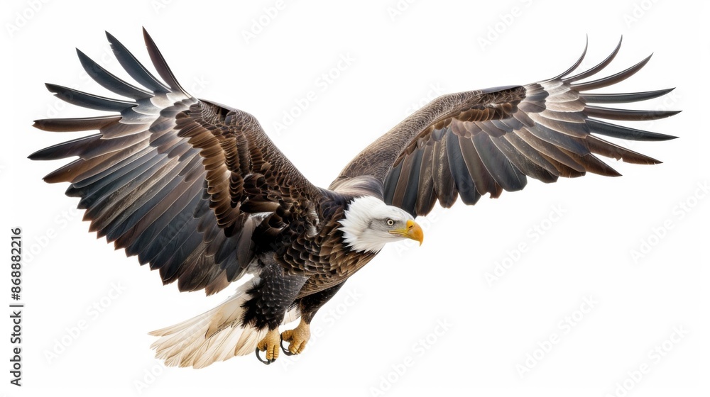 Naklejka premium A striking image of a bald eagle captured in mid-flight with its strong and broad wings spread wide-open, displaying its formidable presence in the wild.