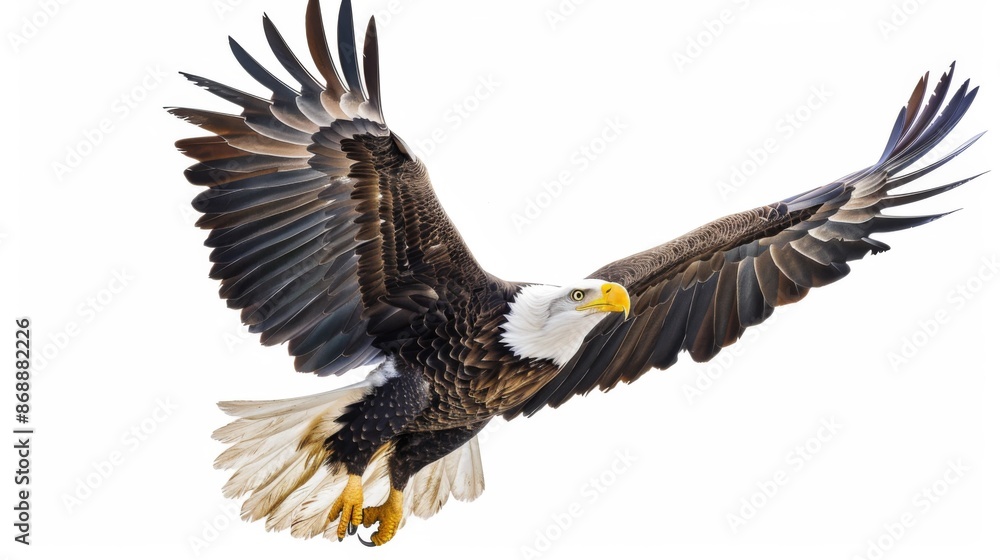 A majestic bald eagle soaring high in the sky, its sharp gaze aimed towards potential prey, showcasing its formidable hunting skills and impressive feathers. A majestic bald eagle soaring high in the sky, its sharp gaze aimed towards potential prey, showcasing its formidable hunting skills and impressive feathers.
