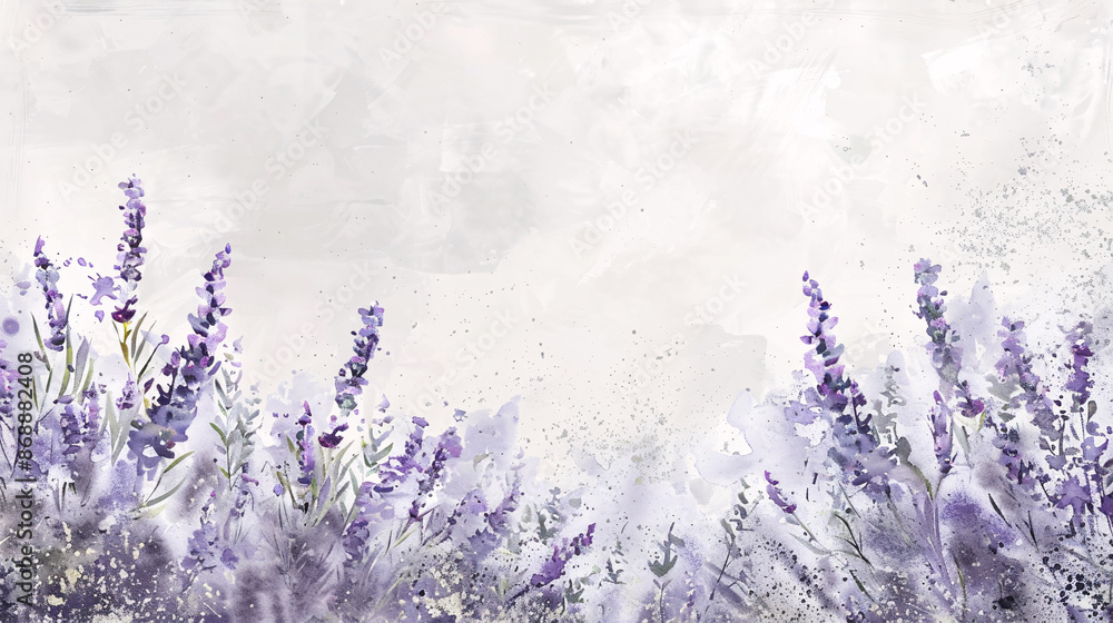 Lavender field watercolor background with purple flowers on white Lavender field watercolor background with purple flowers on white