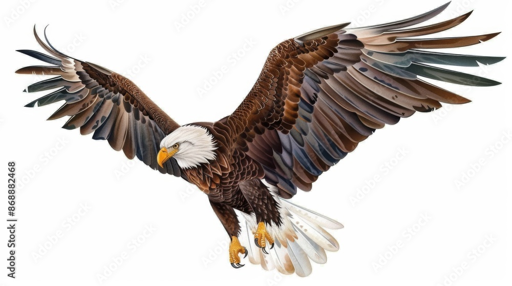 Obraz premium An artistic illustration of a bald eagle, captured mid-flight with its wings fully spread, showcasing the detailed feathers and powerful anatomy against a white backdrop.