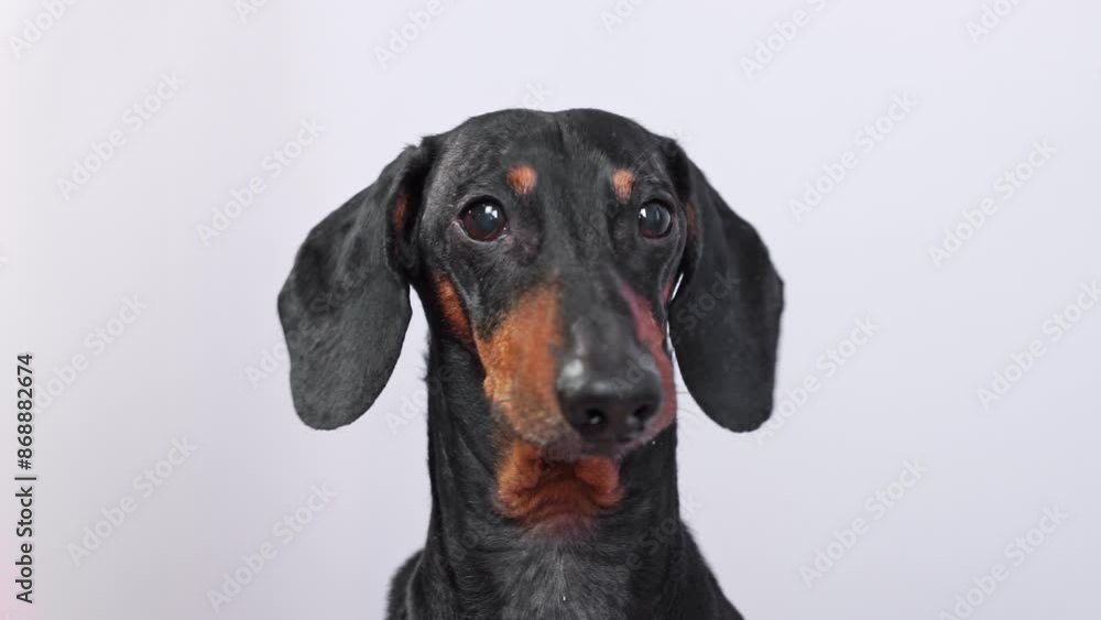 Close-up portrait of a Dachshund dog with a curious expression, black and tan coat, white background. Close-up portrait of a Dachshund dog with a curious expression, black and tan coat, white background.