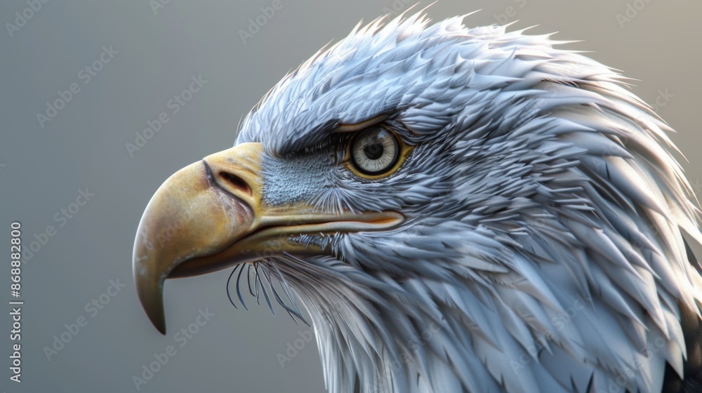 Fototapeta premium A detailed close-up of a bald eagle's face set against a light background, featuring its powerful beak, sharp eye, and meticulously detailed feathers.