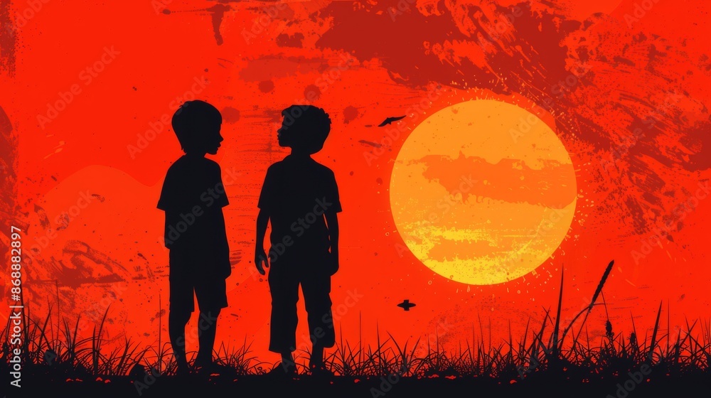 Naklejka premium Silhouetted image of two children standing in a field while looking at each other under a dramatic orange sky during sunset, creating a peaceful, contemplative atmosphere.