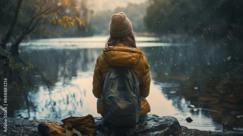 A solo traveler with a backpack sits by a peaceful lake, surrounded by nature, capturing a moment of reflection and serenity in the beauty of the great outdoors. A solo traveler with a backpack sits by a peaceful lake, surrounded by nature, capturing a moment of reflection and serenity in the beauty of the great outdoors.