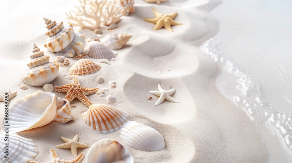 Fototapeta premium Diverse starfish and seashells are displayed on a smooth sandy shore, showcasing the natural beauty and variety of sea life found along coastal regions, evoking a sense of peacefulness.