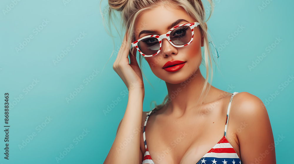 American Flag Bikini Woman in red white and blue Swimwear, 4th of july, patriotic, memorial day, labor day, celebrating the USA American Flag Bikini Woman in red white and blue Swimwear, 4th of july, patriotic, memorial day, labor day, celebrating the USA